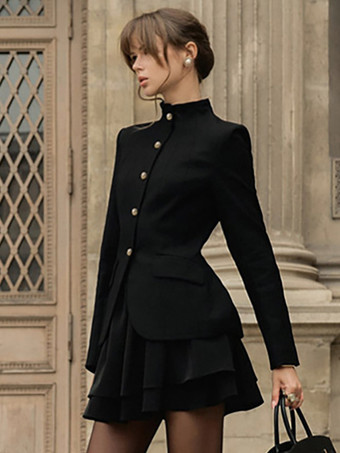 ミリタリー風ブレザースカートセット（レディース）シックなツーピース衣装 - ブラック ヴィンテージ スタンドカラー スリムフィット - 春のパーティウェア 2026