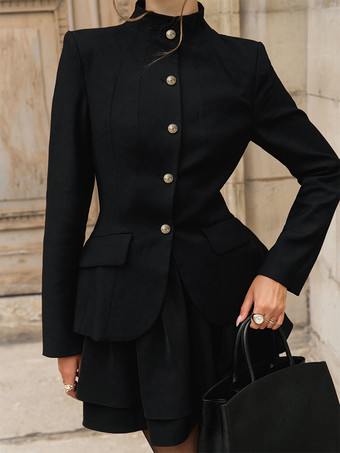 ブラック ミリタリー風ブレザースカートセット（レディース）シックなツーピース衣装 - ブラック ヴィンテージ スタンドカラー スリムフィット - 春のパーティウェア 2026