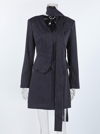 ピンストライプブレザードレスセット レディーススカートスーツ - ネイビーブルー シックなスカーフネック スリムフィット - 2026年春 ビジネスパーティー