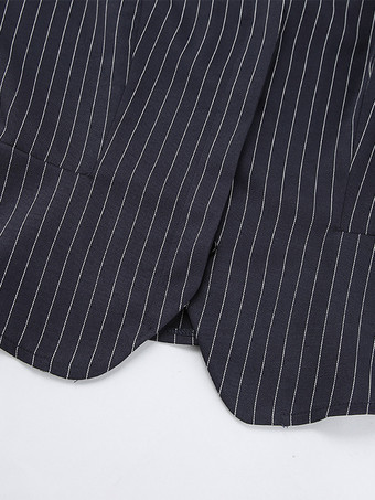 ピンストライプブレザードレスセット レディーススカートスーツ - ネイビーブルー シックなスカーフネック スリムフィット - 2026年春 ビジネスパーティー