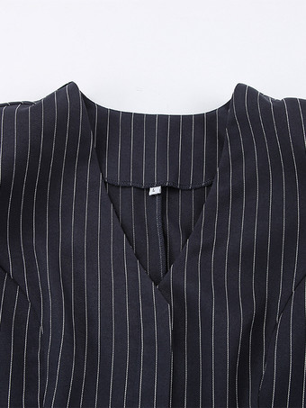 ピンストライプブレザードレスセット レディーススカートスーツ - ネイビーブルー シックなスカーフネック スリムフィット - 2026年春 ビジネスパーティー