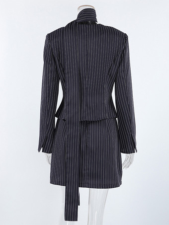 ピンストライプブレザードレスセット レディーススカートスーツ - ネイビーブルー シックなスカーフネック スリムフィット - 2026年春 ビジネスパーティー