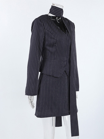 ピンストライプブレザードレスセット レディーススカートスーツ - ネイビーブルー シックなスカーフネック スリムフィット - 2026年春 ビジネスパーティー