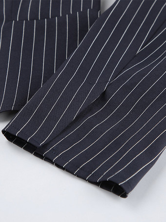 ピンストライプブレザードレスセット レディーススカートスーツ - ネイビーブルー シックなスカーフネック スリムフィット - 2026年春 ビジネスパーティー