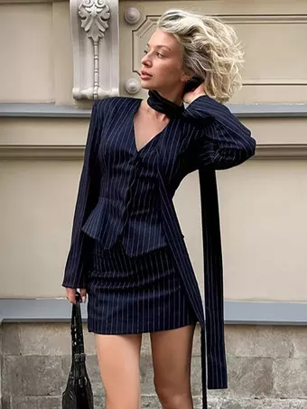 navy blue blazer dress Miss Circle Women's Tahlia Deep V Pinstripes Navy Blue Blazer Dress with scarf collar