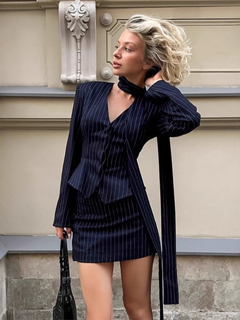 ピンストライプブレザードレスセット レディーススカートスーツ - ネイビーブルー シックなスカーフネック スリムフィット - 2026年春 ビジネスパーティー