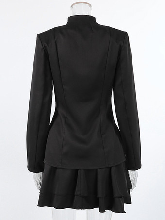 ミリタリー風ブレザースカートセット（レディース）シックなツーピース衣装 - ブラック ヴィンテージ スタンドカラー スリムフィット - 春のパーティウェア 2026