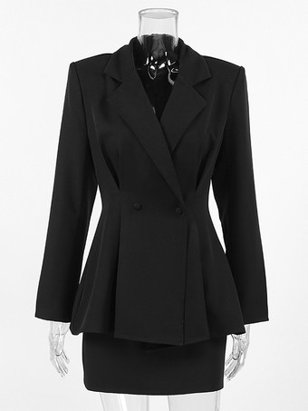 レディース用砂時計型ブレザーセット - ブラックのオールドマネーペプラムスーツ（ミニスカート付き） - 2026年春の仕事・イベント用衣装