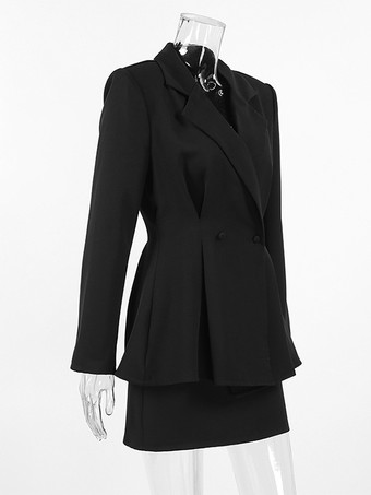 レディース用砂時計型ブレザーセット - ブラックのオールドマネーペプラムスーツ（ミニスカート付き） - 2026年春の仕事・イベント用衣装