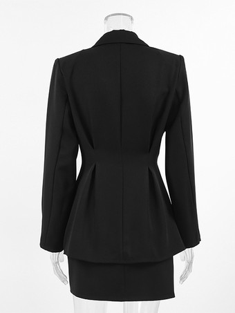 レディース用砂時計型ブレザーセット - ブラックのオールドマネーペプラムスーツ（ミニスカート付き） - 2026年春の仕事・イベント用衣装