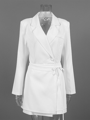 女性用エレガントなミニドレス用ブレザードレス - ラップタイウエスト、ノッチドラペル、スリムフィット - 2026年春のオフィスウェア