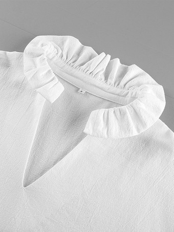 綿100％ブラウス レディース シック ボヘミアン トップス - ホワイト フリルネック ランタンスリーブ Vネック - ビーチバケーション 2026