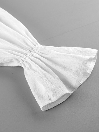 綿100％ブラウス レディース シック ボヘミアン トップス - ホワイト フリルネック ランタンスリーブ Vネック - ビーチバケーション 2026