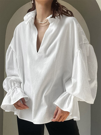 ホワイト 綿100％ブラウス レディース シック ボヘミアン トップス - ホワイト フリルネック ランタンスリーブ Vネック - ビーチバケーション 2026