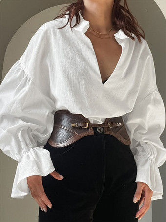 綿100％ブラウス レディース シック ボヘミアン トップス - ホワイト フリルネック ランタンスリーブ Vネック - ビーチバケーション 2026