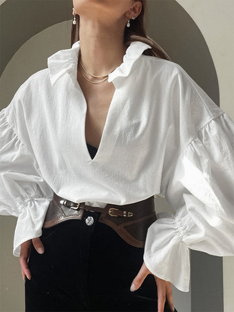 綿100％ブラウス レディース シック ボヘミアン トップス - ホワイト フリルネック ランタンスリーブ Vネック - ビーチバケーション 2026