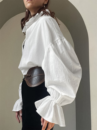 綿100％ブラウス レディース シック ボヘミアン トップス - ホワイト フリルネック ランタンスリーブ Vネック - ビーチバケーション 2026