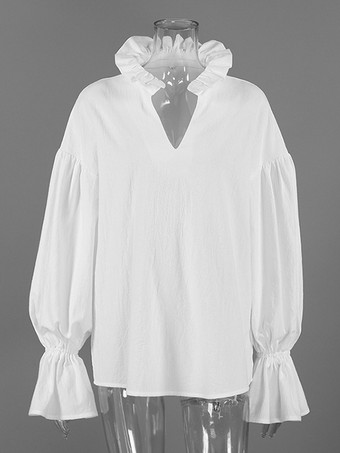 綿100％ブラウス レディース シック ボヘミアン トップス - ホワイト フリルネック ランタンスリーブ Vネック - ビーチバケーション 2026