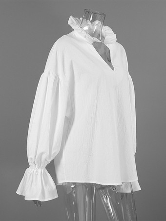 綿100％ブラウス レディース シック ボヘミアン トップス - ホワイト フリルネック ランタンスリーブ Vネック - ビーチバケーション 2026