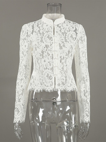 花柄レースブラウス レディース エレガント ボタンアップ トップス - ホワイト スタンドカラー スリムフィット - 春の夜のパーティーウェア 2026