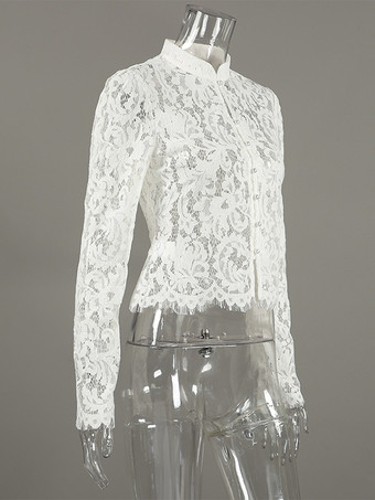 花柄レースブラウス レディース エレガント ボタンアップ トップス - ホワイト スタンドカラー スリムフィット - 春の夜のパーティーウェア 2026