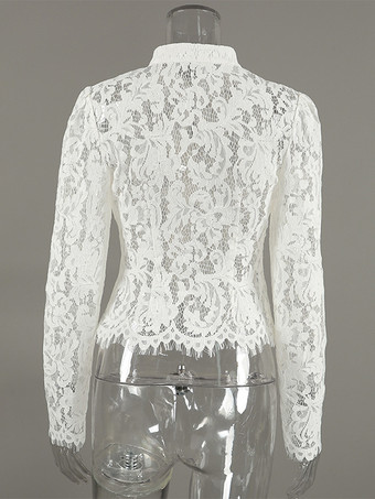 花柄レースブラウス レディース エレガント ボタンアップ トップス - ホワイト スタンドカラー スリムフィット - 春の夜のパーティーウェア 2026