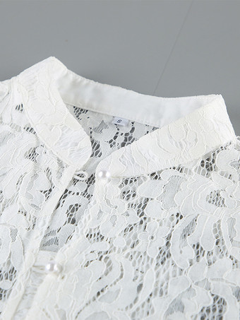 花柄レースブラウス レディース エレガント ボタンアップ トップス - ホワイト スタンドカラー スリムフィット - 春の夜のパーティーウェア 2026