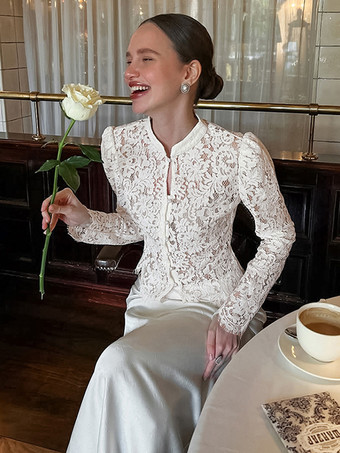 ホワイト 花柄レースブラウス レディース エレガント ボタンアップ トップス - ホワイト スタンドカラー スリムフィット - 春の夜のパーティーウェア 2026