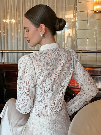 花柄レースブラウス レディース エレガント ボタンアップ トップス - ホワイト スタンドカラー スリムフィット - 春の夜のパーティーウェア 2026