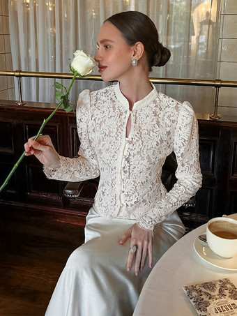 花柄レースブラウス レディース エレガント ボタンアップ トップス - ホワイト スタンドカラー スリムフィット - 春の夜のパーティーウェア 2026