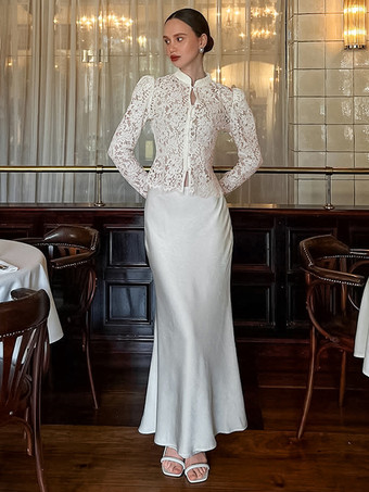 花柄レースブラウス レディース エレガント ボタンアップ トップス - ホワイト スタンドカラー スリムフィット - 春の夜のパーティーウェア 2026