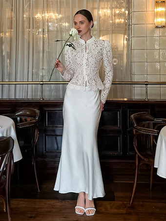 花柄レースブラウス レディース エレガント ボタンアップ トップス - ホワイト スタンドカラー スリムフィット - 春の夜のパーティーウェア 2026