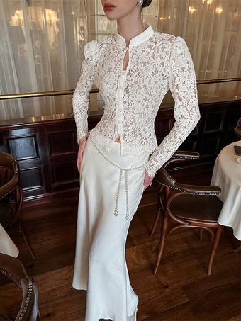 花柄レースブラウス レディース エレガント ボタンアップ トップス - ホワイト スタンドカラー スリムフィット - 春の夜のパーティーウェア 2026