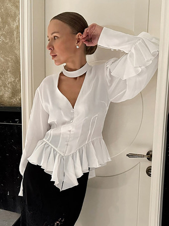 ホワイト ペプラムブラウス レディース エレガント ホワイト トップス - ホルターネック Vネック ランタンスリーブ スリムフィット - 春のオフィスからディナーまで 2026
