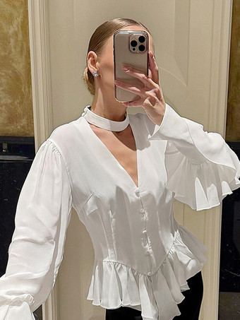 ペプラムブラウス レディース エレガント ホワイト トップス - ホルターネック Vネック ランタンスリーブ スリムフィット - 春のオフィスからディナーまで 2026