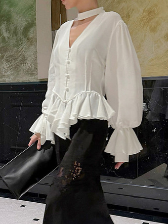 ペプラムブラウス レディース エレガント ホワイト トップス - ホルターネック Vネック ランタンスリーブ スリムフィット - 春のオフィスからディナーまで 2026