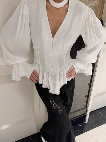 ペプラムブラウス レディース エレガント ホワイト トップス - ホルターネック Vネック ランタンスリーブ スリムフィット - 春のオフィスからディナーまで 2026