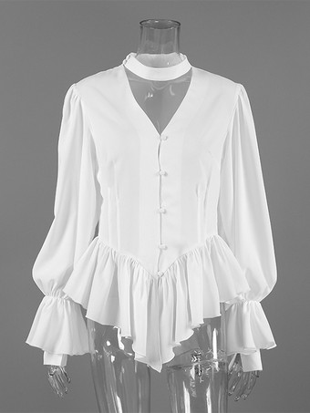 ペプラムブラウス レディース エレガント ホワイト トップス - ホルターネック Vネック ランタンスリーブ スリムフィット - 春のオフィスからディナーまで 2026