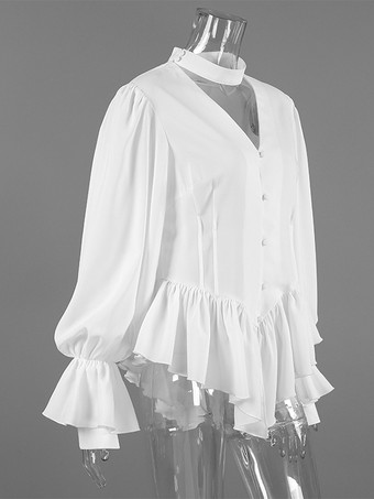 ペプラムブラウス レディース エレガント ホワイト トップス - ホルターネック Vネック ランタンスリーブ スリムフィット - 春のオフィスからディナーまで 2026