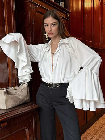 サテンベルスリーブブラウス レディース エレガントシャツ - ホワイト シルクのようなフレアカフ ボタンダウン - 春のオフィスからディナーまで 2026