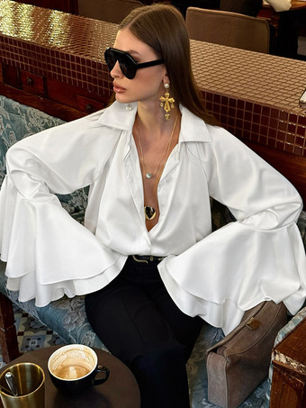 サテンベルスリーブブラウス レディース エレガントシャツ - ホワイト シルクのようなフレアカフ ボタンダウン - 春のオフィスからディナーまで 2026