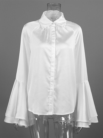 サテンベルスリーブブラウス レディース エレガントシャツ - ホワイト シルクのようなフレアカフ ボタンダウン - 春のオフィスからディナーまで 2026