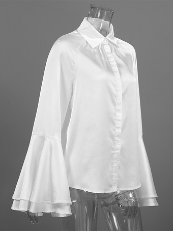サテンベルスリーブブラウス レディース エレガントシャツ - ホワイト シルクのようなフレアカフ ボタンダウン - 春のオフィスからディナーまで 2026