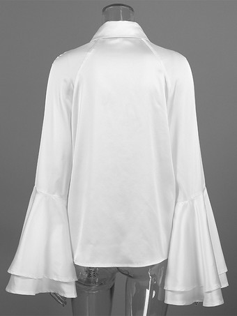 サテンベルスリーブブラウス レディース エレガントシャツ - ホワイト シルクのようなフレアカフ ボタンダウン - 春のオフィスからディナーまで 2026