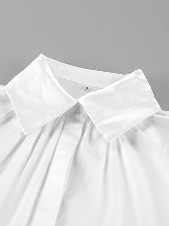 サテンベルスリーブブラウス レディース エレガントシャツ - ホワイト シルクのようなフレアカフ ボタンダウン - 春のオフィスからディナーまで 2026