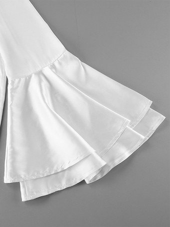 サテンベルスリーブブラウス レディース エレガントシャツ - ホワイト シルクのようなフレアカフ ボタンダウン - 春のオフィスからディナーまで 2026