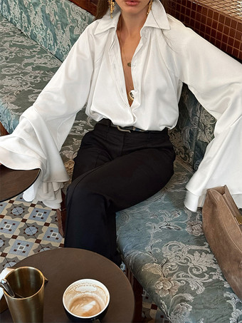 サテンベルスリーブブラウス レディース エレガントシャツ - ホワイト シルクのようなフレアカフ ボタンダウン - 春のオフィスからディナーまで 2026