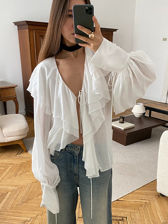 ホワイト タイフロントフリルブラウス レディース シックなトップス - ホワイト フレンチヴィンテージ ランタンスリーブ ディープVネック - 春のデイリーストリートウェア 2026