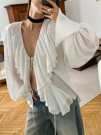 タイフロントフリルブラウス レディース シックなトップス - ホワイト フレンチヴィンテージ ランタンスリーブ ディープVネック - 春のデイリーストリートウェア 2026