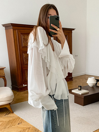 タイフロントフリルブラウス レディース シックなトップス - ホワイト フレンチヴィンテージ ランタンスリーブ ディープVネック - 春のデイリーストリートウェア 2026